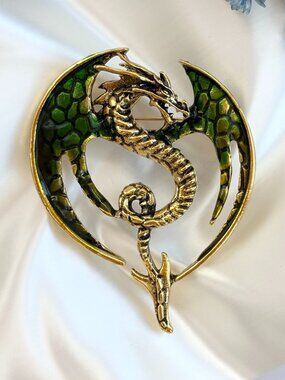 Dragon Figural Gold Toned & Textured Green Enameled Stylized Figural Brooch Pin